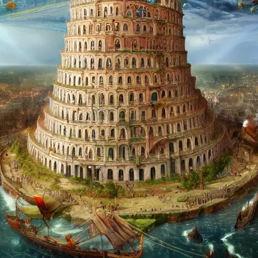 01209-2847468734-A realistic photo of the Babel tower, 4k, detailed, trending in artstation, fantasy vivid colors, photorealism, historical photo.webp